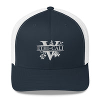 Ethi-Cali navy blue and white vegan trucker hat