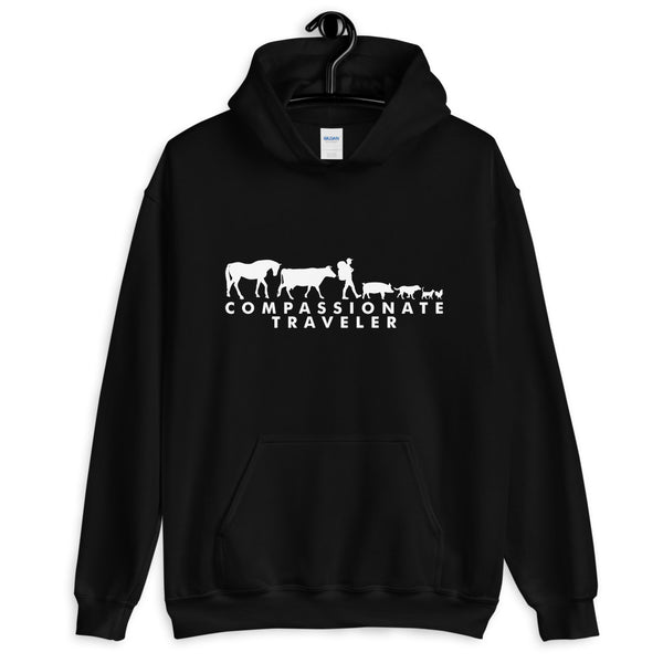 Compassionate Traveler Soft Vegan Hoodie / Male Backpacker